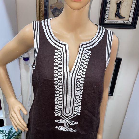 Michael Kors Brown/White Linen V Neck Sleeveless Dress Size 6 - Picture 3 of 12